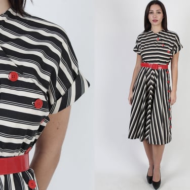 Vintage 50s Monochrome Striped Dress, Mandarin Style Chevron Full Skirt, 1950s House Party Mini Size M 