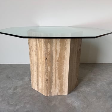Italian Postmodern Octagonal Travertine Pedestal Dining Table with Glass Top 