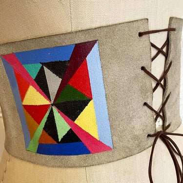 Vintage 70s Hand Painted Corset Belt by Salomone New York/ 1970s OOAK Geometric Painted Suede Lace Up Unique Statement Belt 