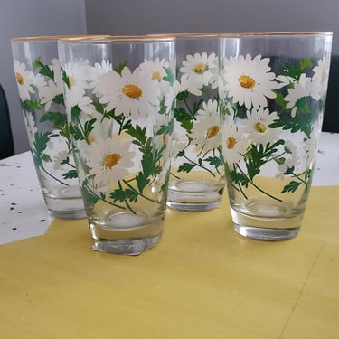 1970s Libbey Daisy Glasses 4pc - Vintage Daisy Glasses - 70s Home Decor- 70s Kitchen 