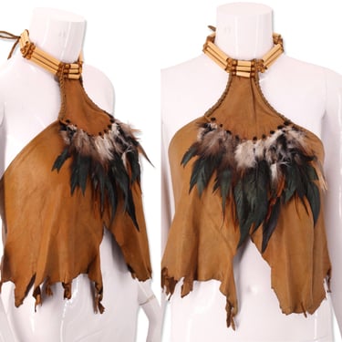 70s leather feather halter top size S, vintage 1970s custom beaded tie top, Woodstock era shirt 60s sz S 