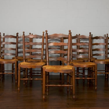 Vintage Country French Provincial Farmhouse Ladder Back Maple Rush Dining Chairs - Set of 12 