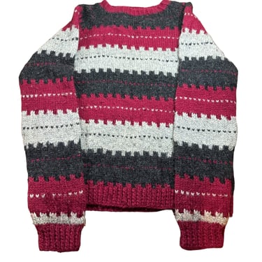 Vintage Danspin Red Grey Stripped Wool Sweater, Handknit Denmark 