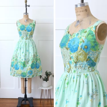 vintage 1950s floral dress • light mint green & blue cotton sleeveless fifties full skirt dress 