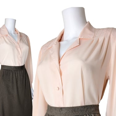 Vintage Peach Button Blouse, Medium / Pleated 1940s Style Cocktail Blouse / Silky Pastel Peach Dress Shirt 