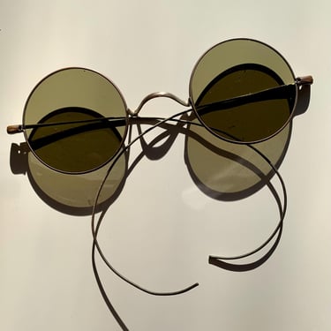 1900's-1910's Wire Rim Sunglasses - Stamped USA - Original Smokey Green Glass Lenses  - Round Lenses - Unisex Style 