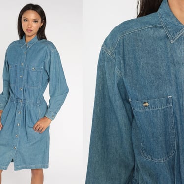 90s Denim Midi Dress Blue Jean Shirtdress Button Up High Waisted Collared 1990s Cotton Vintage Retro Long Sleeve Pocket Medium 