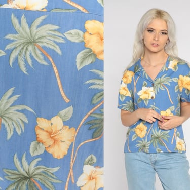 Blue Hawaiian Blouse 90s Tropical Button Up Shirt Floral Palm Tree Print Surfer Vacation Short Sleeve Retro Tourist Top Vintage 1990s Large 