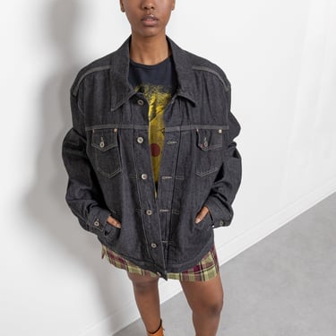 BLACK HEAVY DENIM Jacket Oversize Xxl Streetwear Contrasting Stitching Vintage / Extra Large 