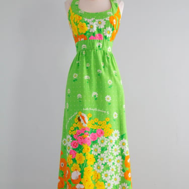 Fabulous 1970's Malia Novelty Print Summer Maxi Dress / Medium
