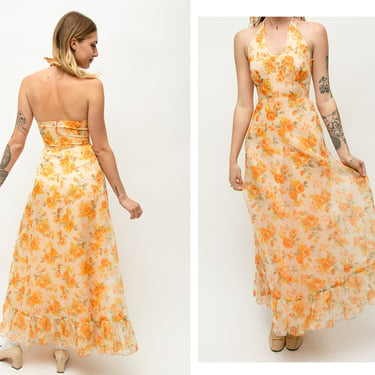 Vintage 1970s 70s Peach Rose Butterfly Spring Print Full Length Ruffle Halter Neckline Gown Maxi Dress 
