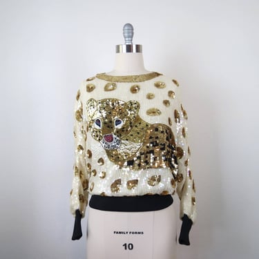 Vintage 1980s sequined top silk beaded leopard cheetah cat kitty batwing medium 