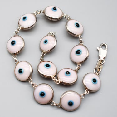 80's Malocchio eye of god mauve pink glass sterling arcana bracelet, 925 silver blue eyed evil eye stackable 