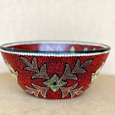 9" Decorative hand painted ceramic bowl. Colorful tribal dot design, Eclectic boho home decor 
