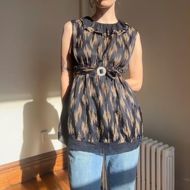 Late 1920’s/early 30’s navy blue and gold silk ruffle collar blouse with belt and mother of pearl buckle 