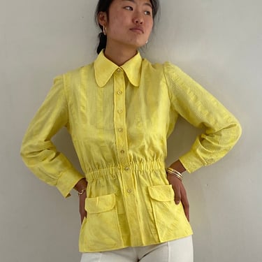 70s seersucker nipped waist puffed sleeve blouse / vintage lemon yellow long collar semi sheer cotton blouse | Medium 