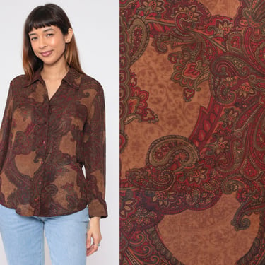 Paisley Blouse 90s Brown Button Up Shirt Long Sleeve Top Collared Retro Boho Hippie Groovy Print Festival Red Green Vintage 1990s Medium M 