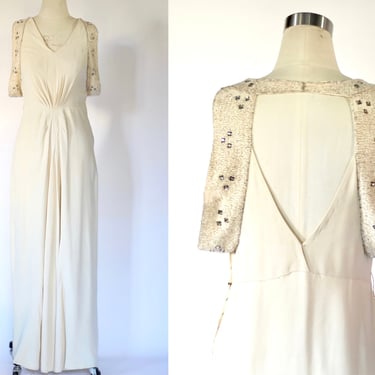 1930s Fashion Originators Guild Embellished Rayon Crepe Backless Evening Gown - Small 