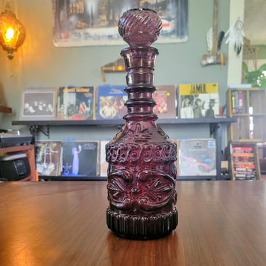 60s large glass decanter with cork stopper, amethyst Jim Beam whiskey bottle, vintage decorative liquor glass MCM decor 