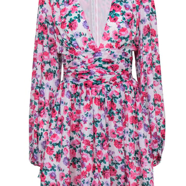 Ronny Kobo - White & Pink Floral Puffed Sleeve Dress Sz M