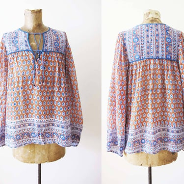 Vintage 70s Indian Cotton Block Print Floral Blouse M - 1970s Rust Blue Boho Gauze Cotton Wide Sleeve Top - Hippie Bohemian Style 