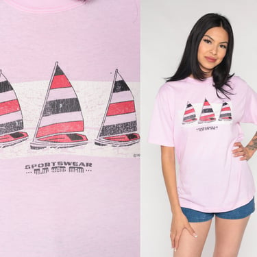 Sailboat Shirt 80s 90s Pink Nautical Boat Shirt Graphic Tee Sailor Tshirt Vintage Tshirt Single Stitch Sportswear 1980s Thin Medium 