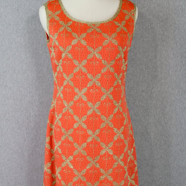 1960s Orange Wiggle Dress - Gold Lame - Cocktail Party, Cocktail Dress - Hollywood Regency - Palm Beach 