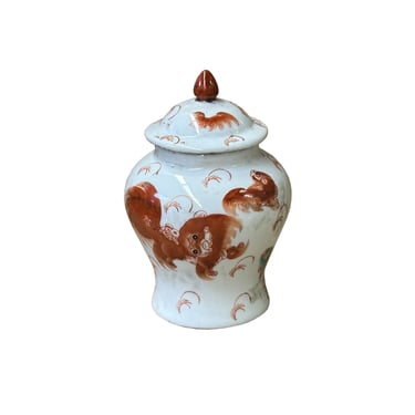 Oriental Vintage White Base Orange Foo Dog Lion Graphic Porcelain Jar ws3913E 