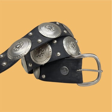 Vintage Leather Belt Retro 1970s Concho + Southwestern + Medallion + Black + Silver Metal + Fits 40