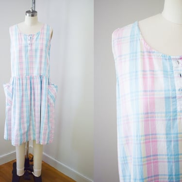 Vintage 1990s Pastel Plaid Cotton Frock | XS/S | 90s Cotton Dress with Dropped Waist and Pockets 