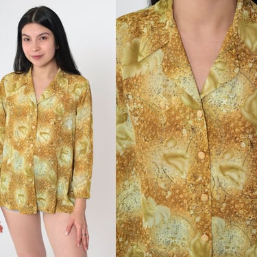 Embossed Floral Blouse 90s Long Sleeve Shirt Button Up Top Green Yellow Flower Print Bohemian Vintage Pointed Collar Medium 