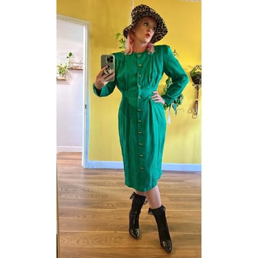 Vintage 1980s Long Sleeve Silk Button Down Dress Bright Kelly Green Holiday Cocktail Dress 80s Party 