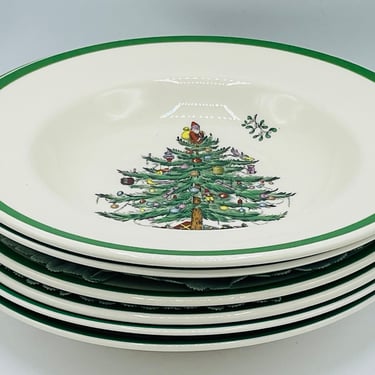 Vintage set of ( 6) Spode Christmas Tree Rimmed  Salad Plates S3324 England 9"- Nice condition- 