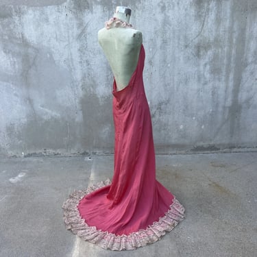 Vintage 1930s Pink Silk Maxi Dress Bias Cut Floral Lace Trim Low Back Halter