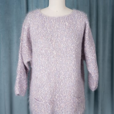 Vintage Multicolor Pastel Lavender Hand-Knit Long Sweater with 3/4 Sleeves and Front Pockets 