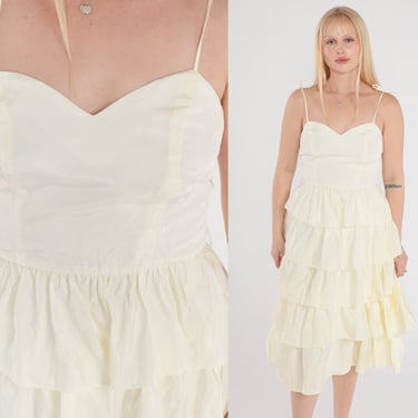 Cream Party Dress 80s Tiered Midi Dress Strapless Sweetheart Neckline Ruffled Skirt High Waisted Elopement Prom Vintage 1980s Extra Small xs 