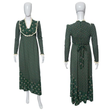 1970's Appy's Juniors Green Floral Prairie Maxi Dress Size S/M