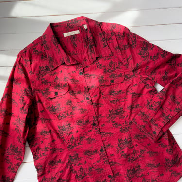 dark academia shirt | 90s vintage red black toile horse equestrian dog hunting pattern long sleeve blouse 