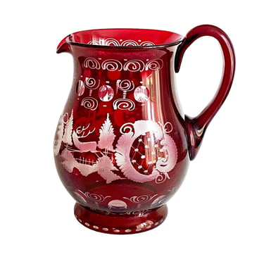 Vintage Czech Egermann glass, ruby red Bohemian glass large water pitcher, Stain cut to clear 