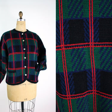 80s Plaid Tally Ho Cardigan / Holiday / Christmas Sweater / Tartan Sweater/ Acrylic 