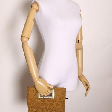 1960s Tan Fibrous Woven Gold Brass Square Handle Handbag Purse 