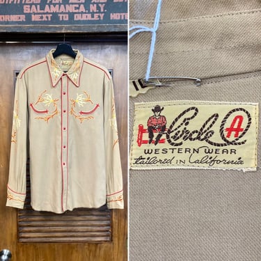 Vintage 1940’s “Circle A” Rodeo Embroidery Western Cowboy Wool Rockabilly Shirt, 40’s Snap Button Shirt, Vintage Clothing 