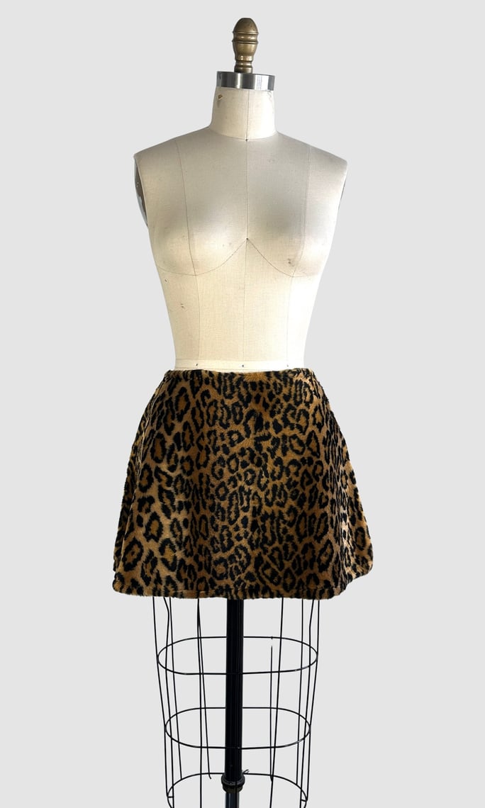 FAUX FUR SKIRT Vintage Leopard Animal Print Mini Pencil High Waist