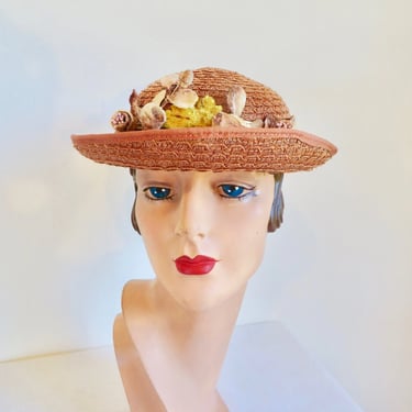 Vintage 1950's Caramel Brown Straw Small Brim Hat Velvet Flowers Striped Grosgrain Ribbon Trim Spring Summer 50's Millinery 
