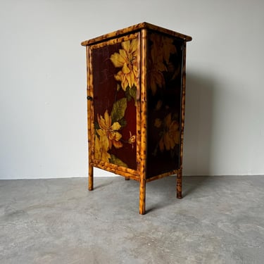 Vintage Tortoise Bamboo & Chinoiserie Lacquer Cabinet 