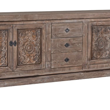 LARGE Natural Brown with Light Distressed Finish 4 Door 3 Drawer Sideboard Media Console by Terra Nova Designs Los Angeles 