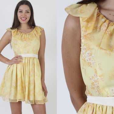 Neat Light Yellow Summer Party Dress / Vintage 70s High Waisted Frock / Casual Cocktail Hour Outfit 