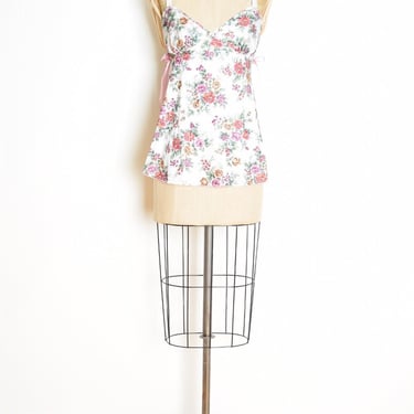 vintage 90s cami lingerie top white floral print satin shirt tank criss cross S clothing 