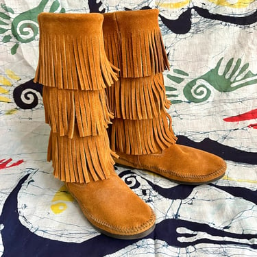 Fringe Hippie Boots, Suede Leather, Minnetonka Mocs, All Over Fringe, Size 8 US 