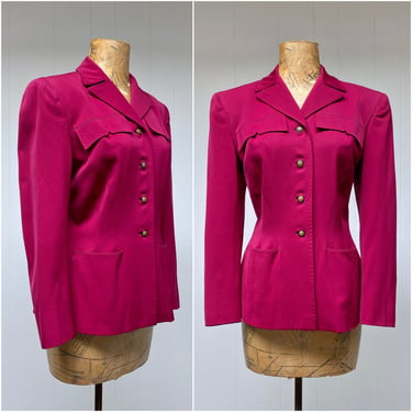 Vintage 1940s Raspberry Wool Gabardine Jacket, Princess Seam Hourglass Silhouette, Military Style Blazer, Medium 38